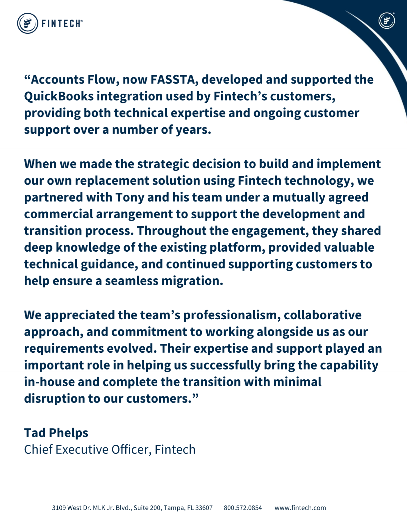 Fintech testimonial for FASSTA